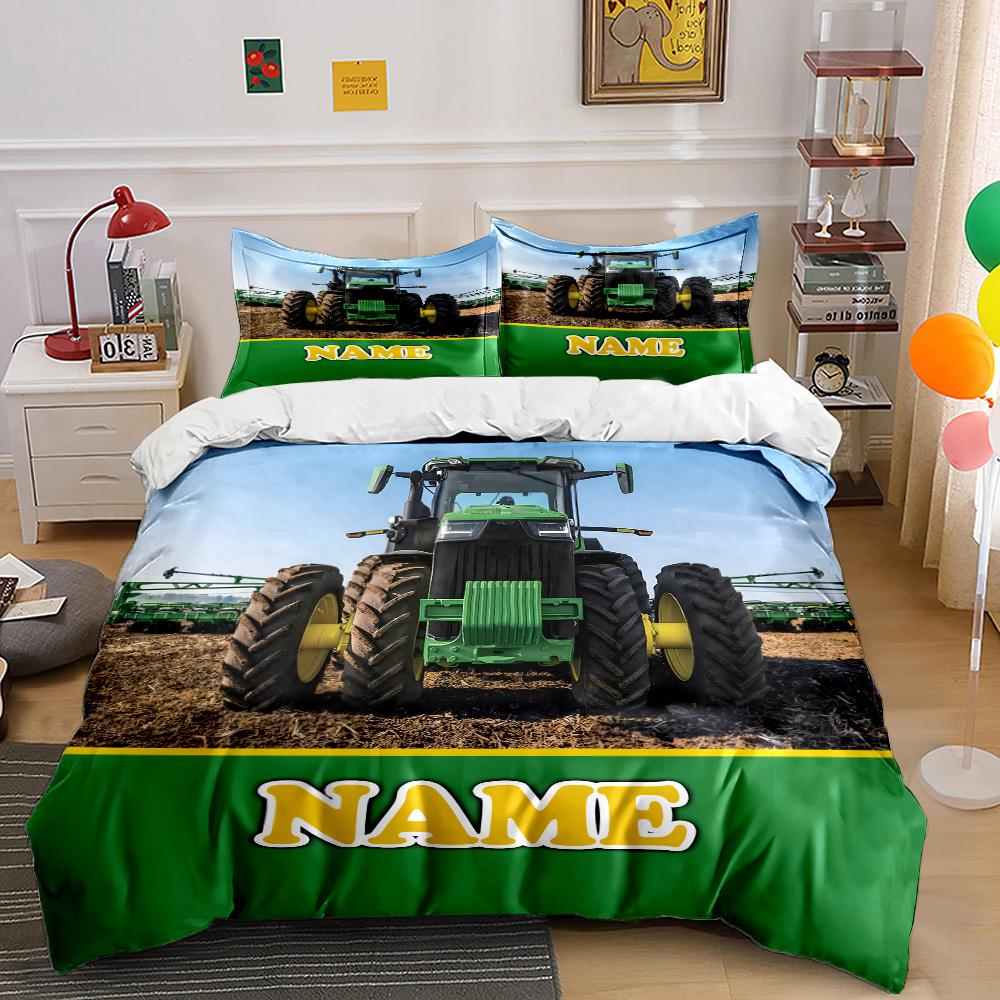 Name Customized Tractor Printed 3PC Quilt Cover Pillowcase Bedding Set Children Adult Comfortable Bedding Set Luxury Gift