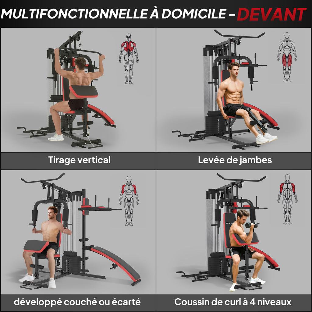 Multi-Gym Station, 65 kg Weights, Abdominal Bench, Black and Red
