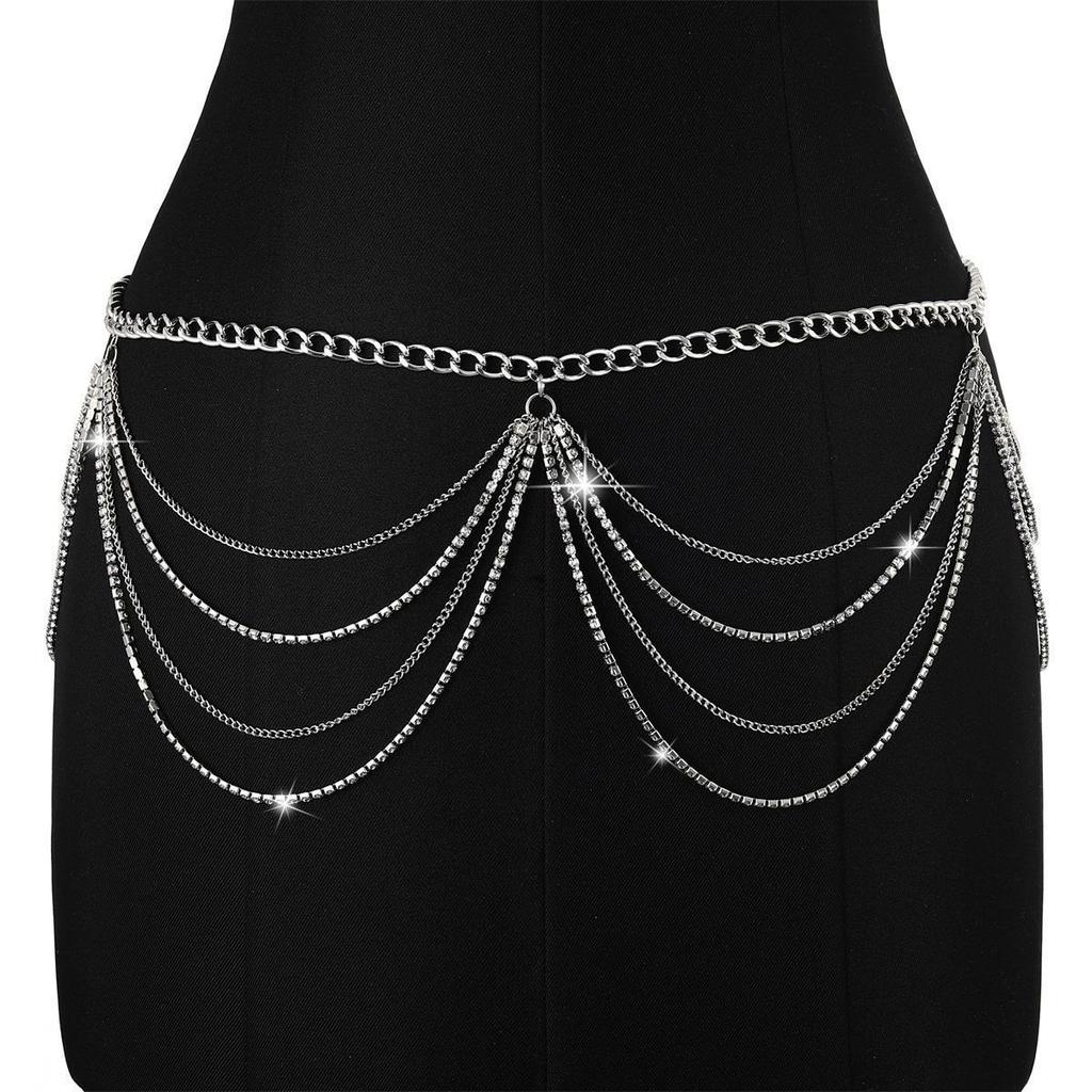 Fashion Versatile Metal Rhinestone Chain Tassel Waist Women's Bikini Decoration Nightclub Rock Body Chain