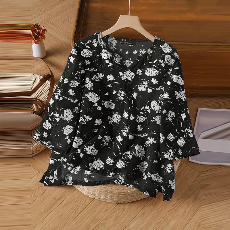 

ZANZEA Women Casual V-Neck Loose 3/4 Sleeve Print Blouse S чорний