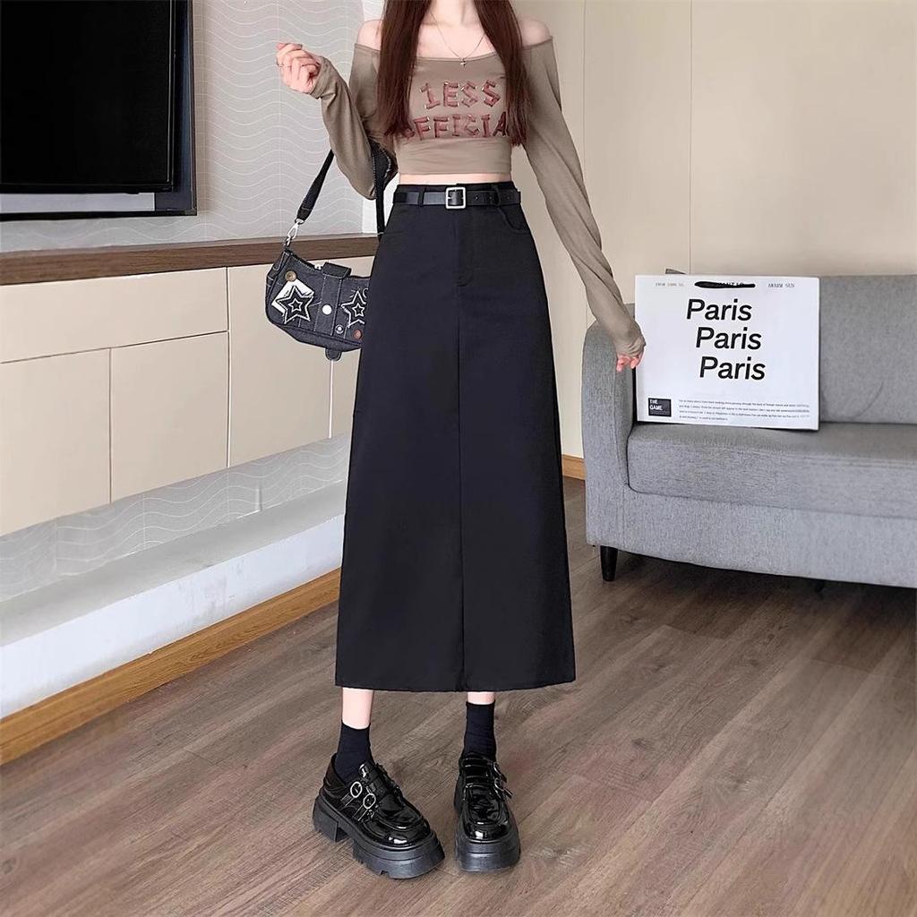 Plus Size Grey Casual Suit with High Waist Slimming Straight Midi Skirt, Versatile Long A-line Skirt for Women 2024