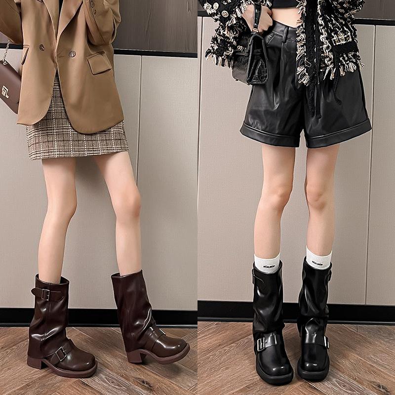 Women's Retro Buckle Mid-Calf Chunky Heel Boots: Round Toe, Wide Shaft, Ruched Ankle, Western Style for Autumn/Winter