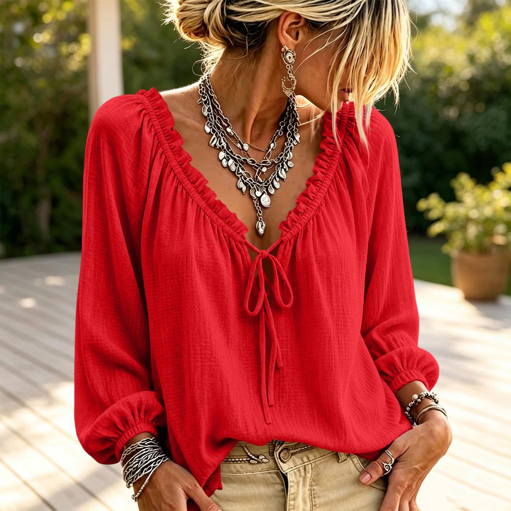 Women's Casual Long Sleeve V-Neck Top with Tie Front Ruffle