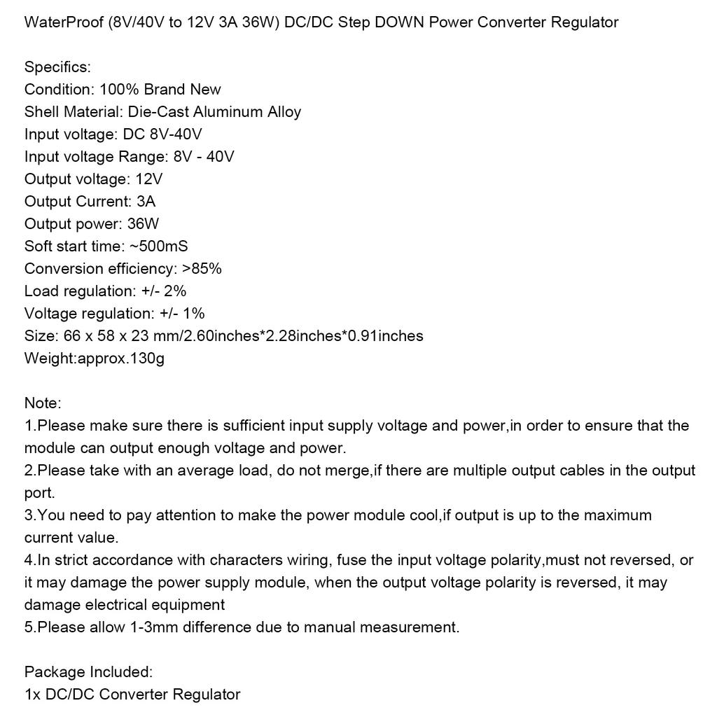 WaterProof 8V/40V To 12V 3A 36W Step Up DC/DC Power Converter Regulator