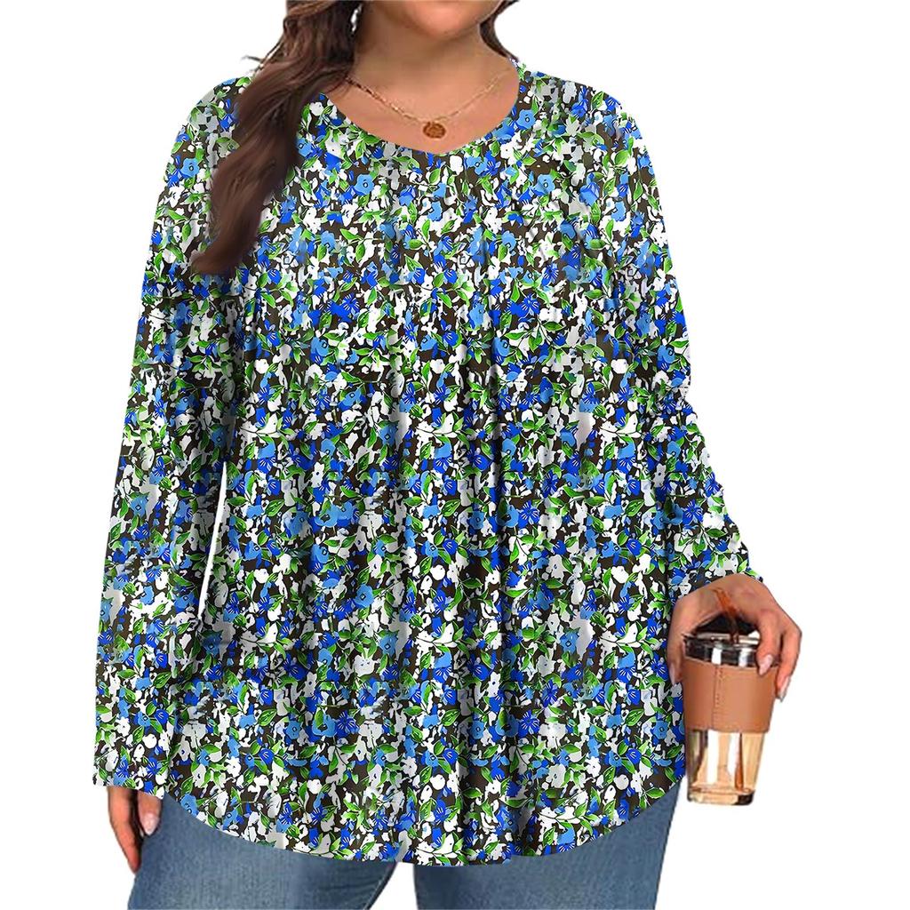 Dámská móda plus size Tištěný ležérní plisovaný top s kulatým výstřihem a dlouhým rukávem