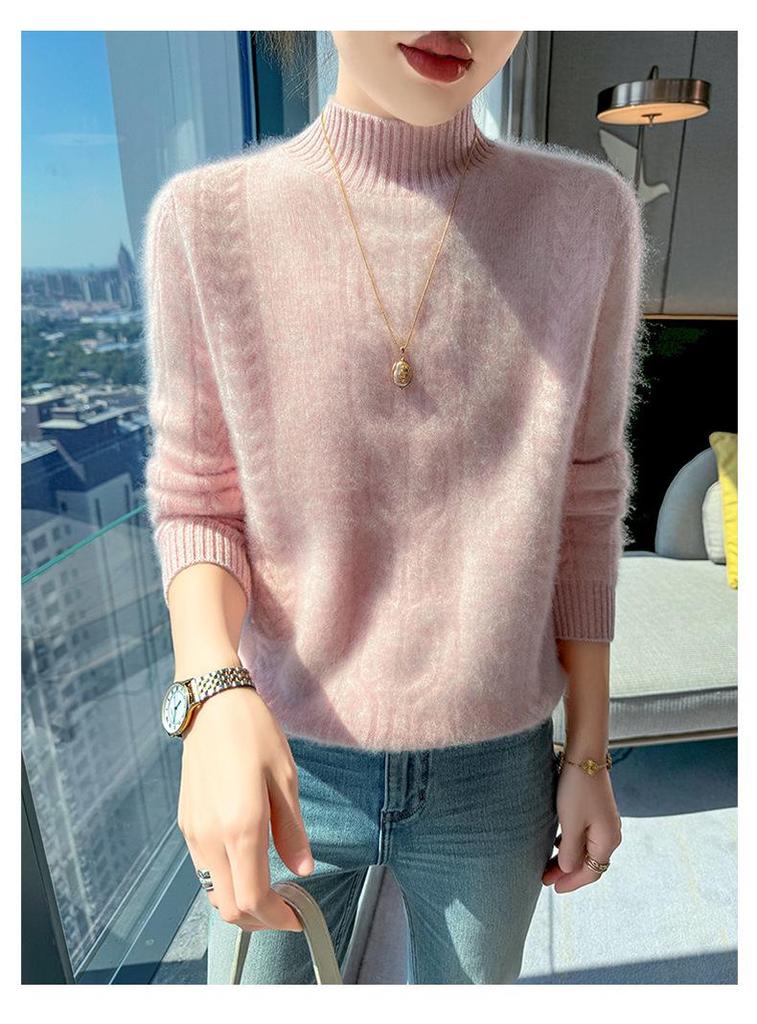 2024 Women's Autumn/Winter Wool Sweater - Solid Color, Thick Knit, Half-High Collar, Long Sleeve, Cable Knit Base Layer