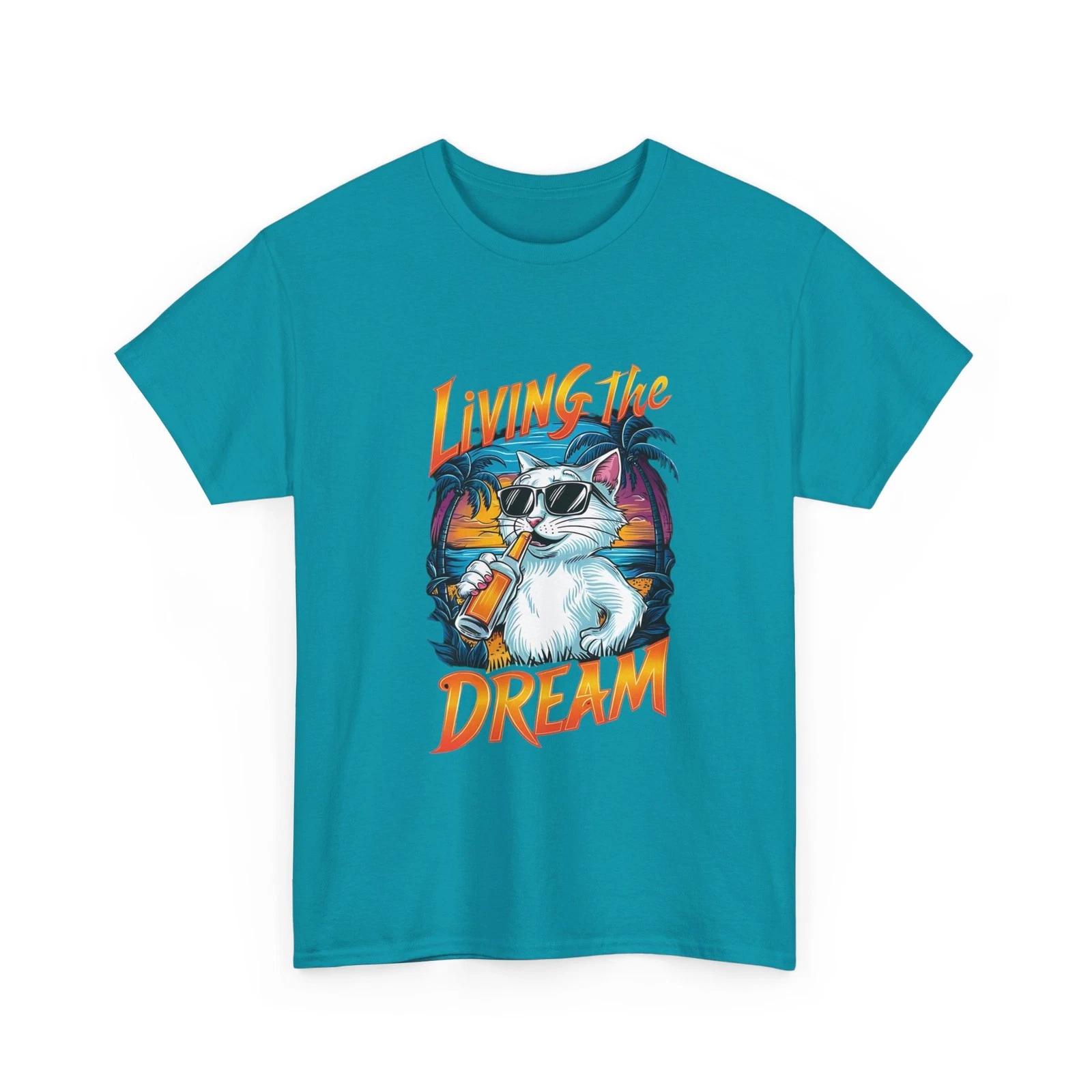 Living the Dream Cat T-Shirt Retro Beach Palm Sunset Tropical Graphic Tee 4XL