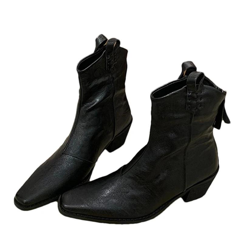 Chunky Pointed Toe Women Ankle Boots Sexy Designer Mid Heels Shoes 2025 Trend Winter Leather Fashion Pumps Chelsea Botas Mujer