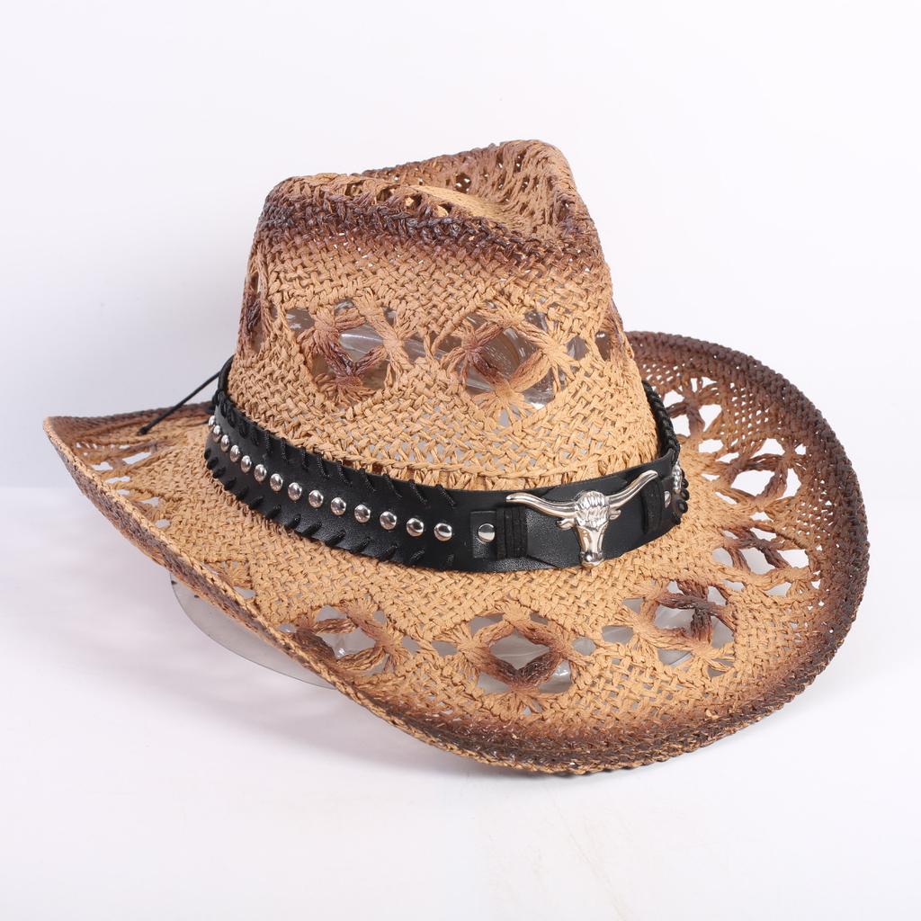 Popular European and American Fashion Hollow Woven Hat Straw Hat Men's and Women's Classic Outdoor Western Denim Straw Hat