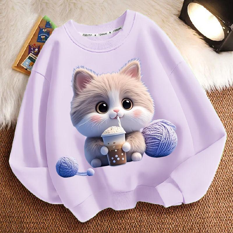 Cute Milk Tea Cat Round-neck Sweatshirt for Children, Fashionable Long-sleeved Casual Sweatshirt for Boys and Girls in Spring and Autumn