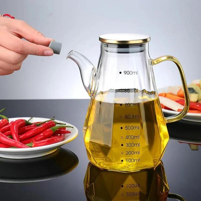 500/700/900ml Glass Oil Pots Leak Proof Diamond Oil Pot with Scale and Lid Kitchen Soy Sauce Vinegar Condiment Storage Container