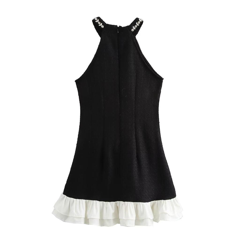 2024 Autumn Women's European & American Style Studded Halter Lace Dress