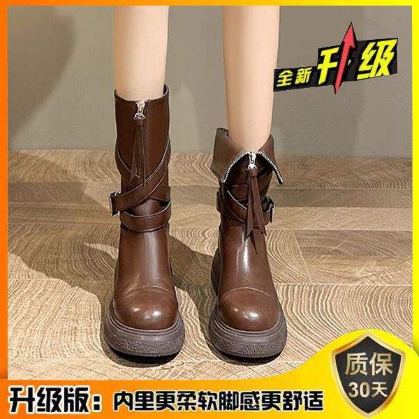 Maillard style soft leather fashion boots women's autumn and winter 2025 new belt buckle boots platform knight boots high boots
