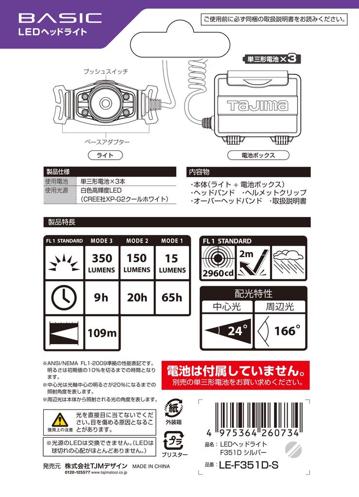 Tajima LED headlight silver brightness up to 350lm LE-F351D-S