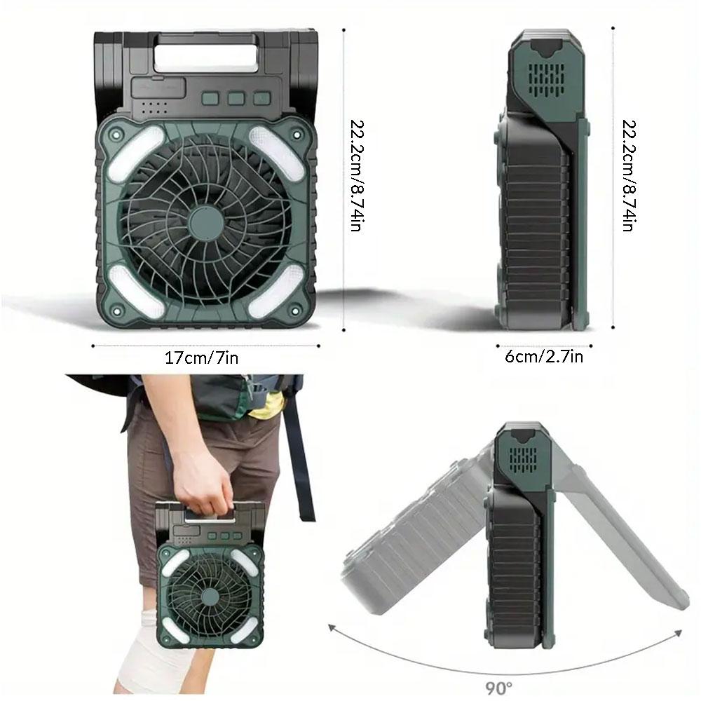Portable Desk Fan 90°tiltadjustable Solar Rechargeable Camping Fan 4-speeds wind with timer,3modes LED Light,Emergency Power Fan