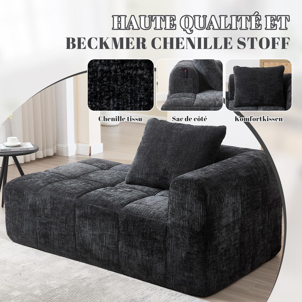 Comfortable Chaise Longue Sofa, No Assembly Required, Soft Sofa with Cushion, Side Pockets for Remote Control, Mobile Phone, Neat and Stylish, Black