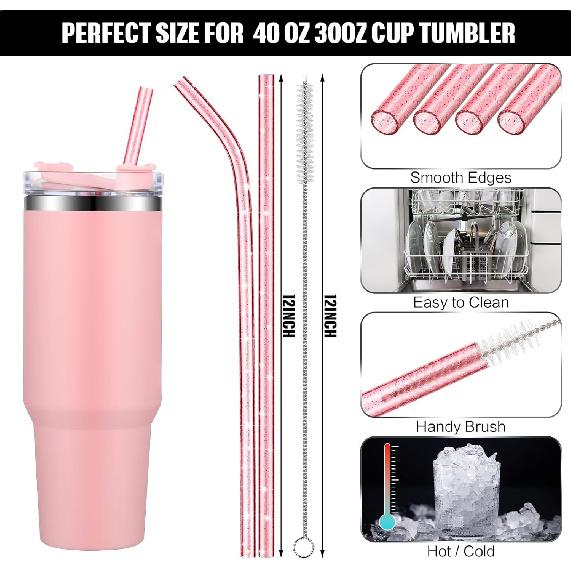 Nuogo 10 Pack Replacement Straw Compatible with Stanley 12 Inch Glitter Clear Long Hard Plastic Straws Bulk with Cleaning Brush for 40 30 oz Tumbler