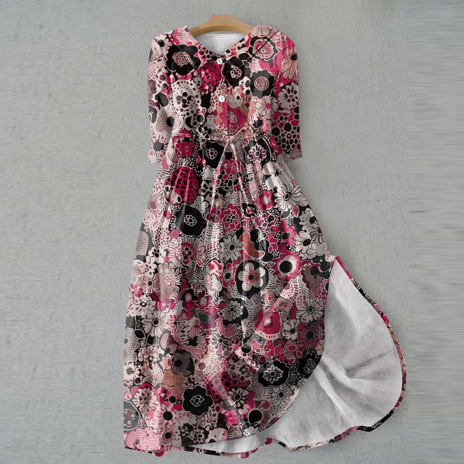 Женское модное платье с откидным воротником и рукавами 3/4 с принтом S розовый — фото 13