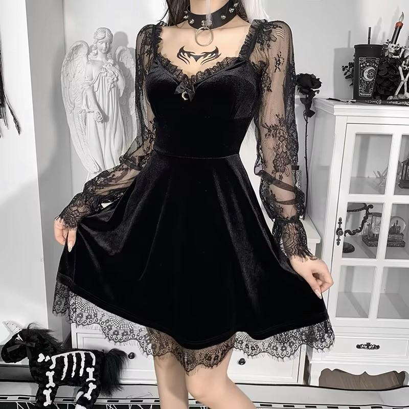 Grunge Goth Gothic Schwarzes Minikleid Spitzenbesatz Hohe Taille Bodycon Damen Vintage Punk Lolita Tuch