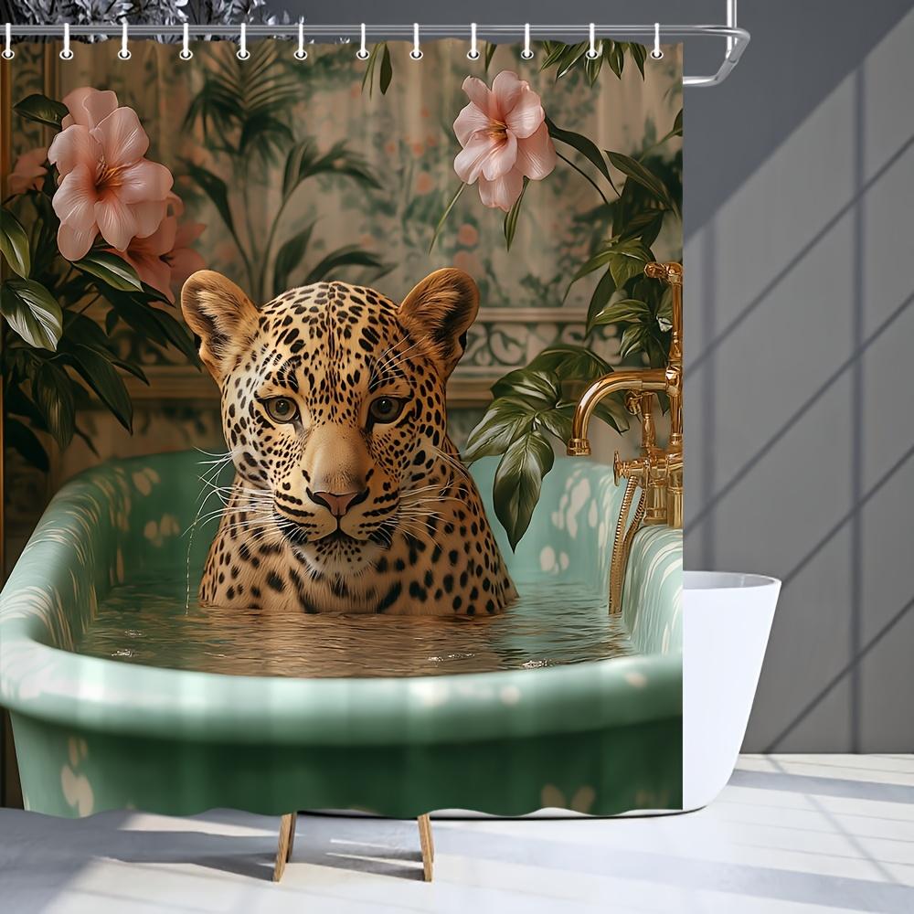 

Tropical Wildlife Bathtub Shower Curtain-Vibrant Flowers And Leaves Design Bathroom Decoration Washable With 12 Hooks W60H190(CM)-1 Pcs
