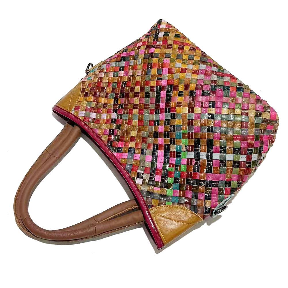 Women'S Bag Leather Hand-Woven Bag Ethnic Style Color Striped Women'S Portable Messenger Bag