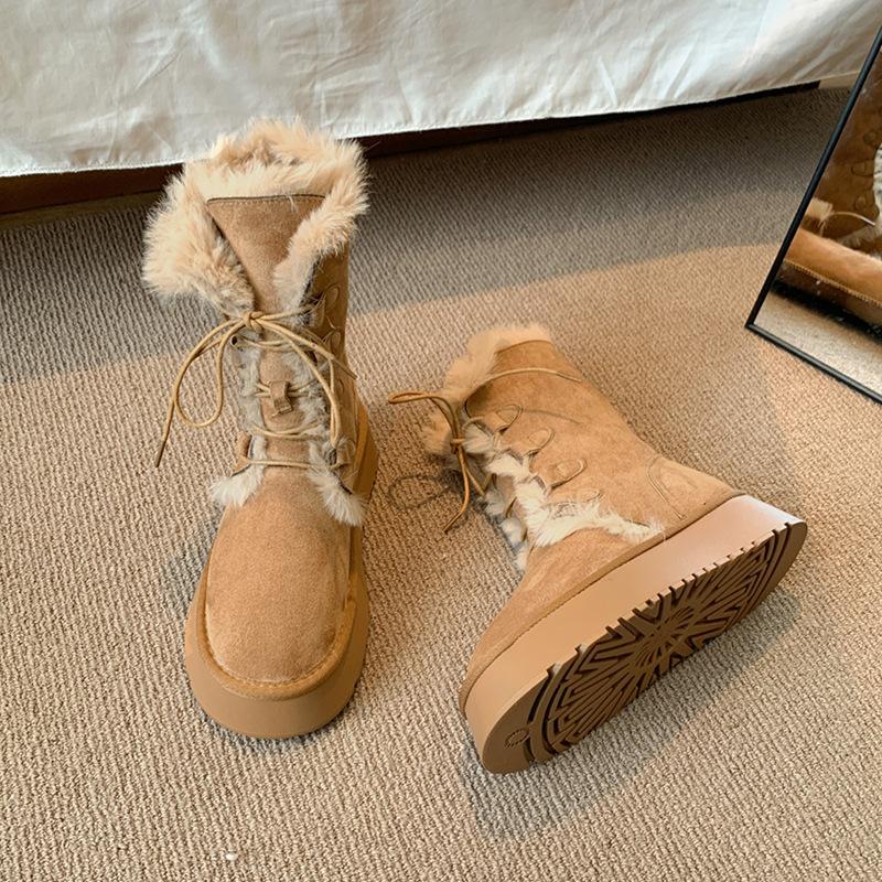 

Cowhide version~ Snow boots women s 2025 new winter boots lace-up snow cotton piled thick-soled thermal cotton shoes 40