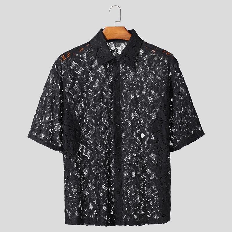 

INCERUN Мужские летние футболки с коротким рукавом из кружевной сетки, прозрачные пляжные топы 3XL