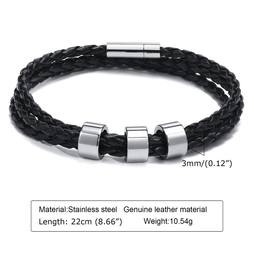 Custom 1-7 Names Multi Layer Leather Bracelet for Men,Stainless Steel Beads Handmade Braided Wristband,Gift for Father Dad