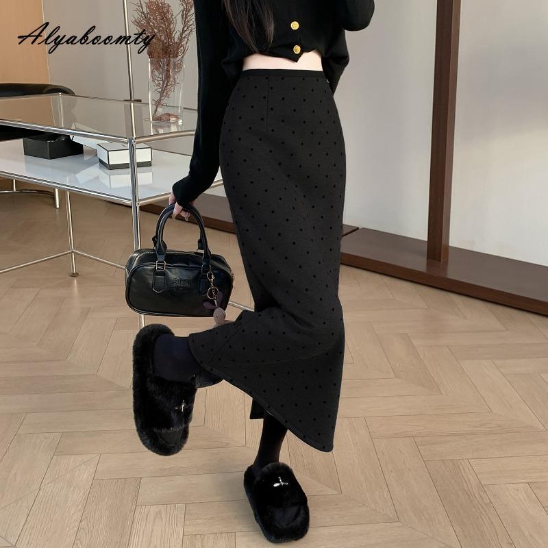 Korean Style Autumn Winter Women Straight Skirt High Waist Gray Black Polka Dot Woolen Split Skirt Thick Warm Fleece Midi Wool Skirts Womens