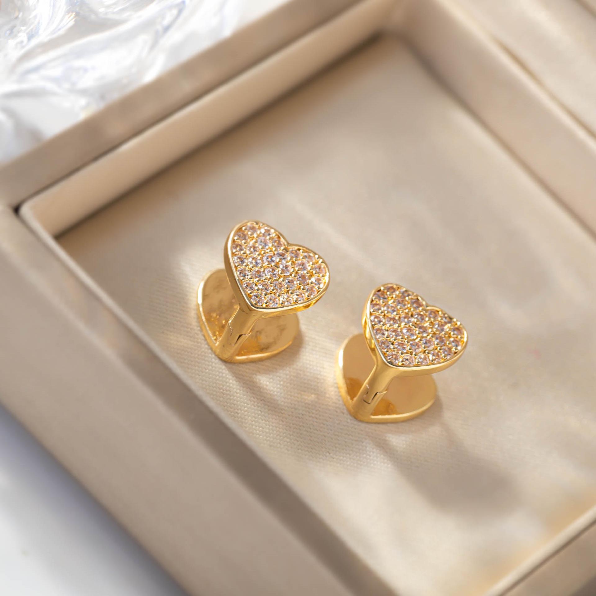 Heart-Shaped Simulated Diamond Zircon Stud Earrings - Women s Shiny Micro-Inlaid Ear Jewelry