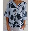 Women's V Neck Half Sleeve Straight Fit Floral Print Cotton Linen Blouse Casual Top