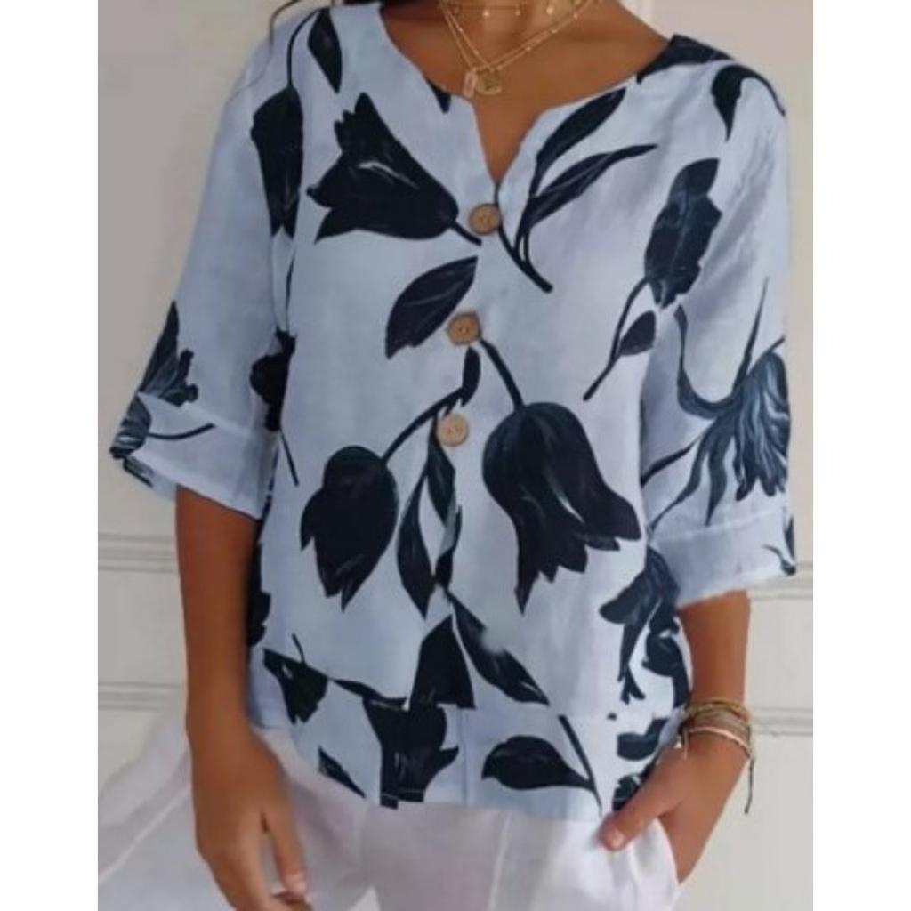 Women's V Neck Half Sleeve Straight Fit Floral Print Cotton Linen Blouse Casual Top