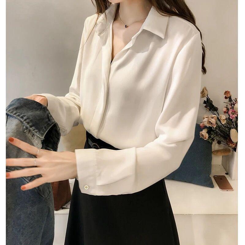 Women Shirt Long Sleeve V-neck Leisure Office Blouse Solid Color Simple Chiffon Shirt Female Tops Blusas
