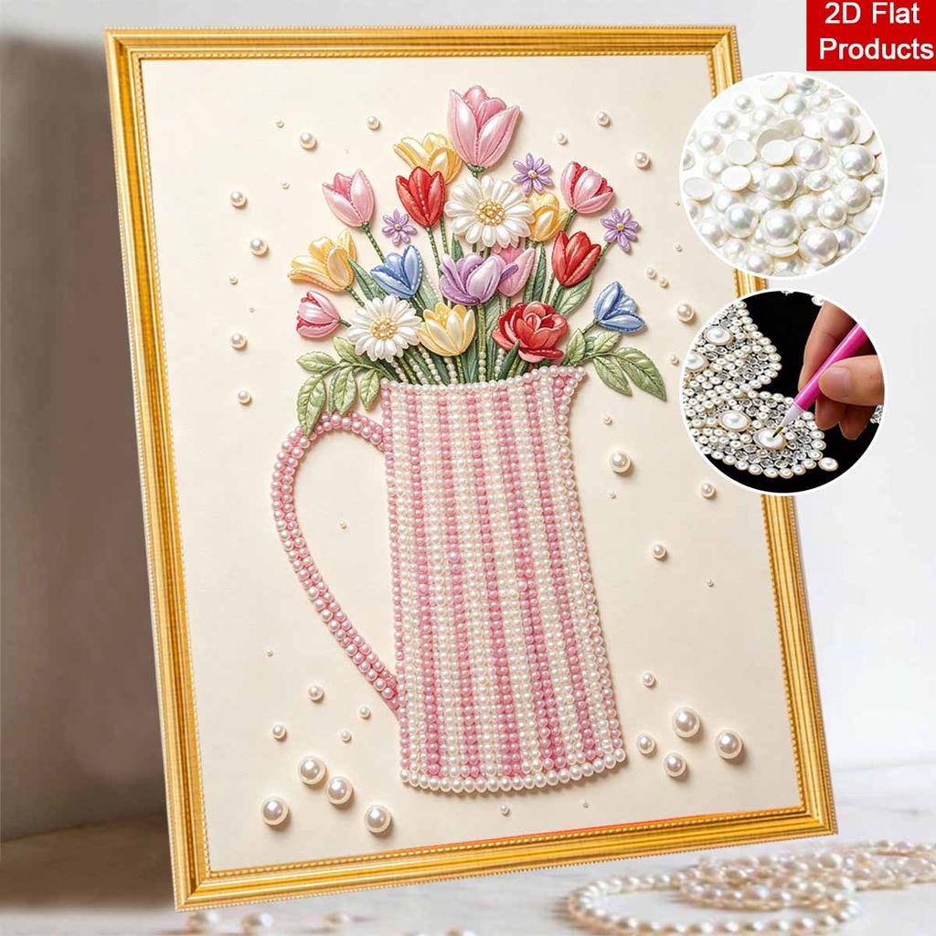 Pearl art canvas wall decoration bedroom living room pearl mosaic flower vase tulip bouquet floral embroidery wall art print