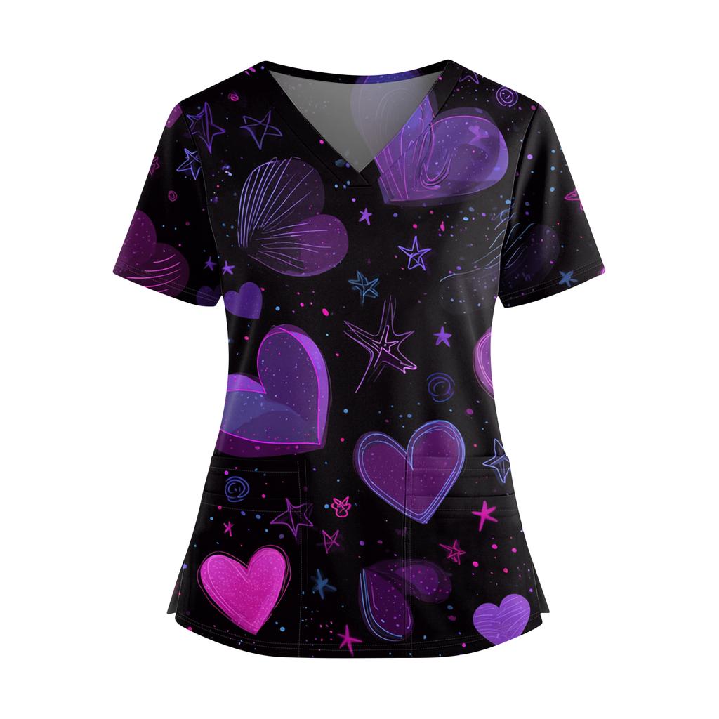 Women's Valentine's Day  Printed V-Neck Double Pocket Short Sleeves Hem Slit  Uniform Caregiver Top