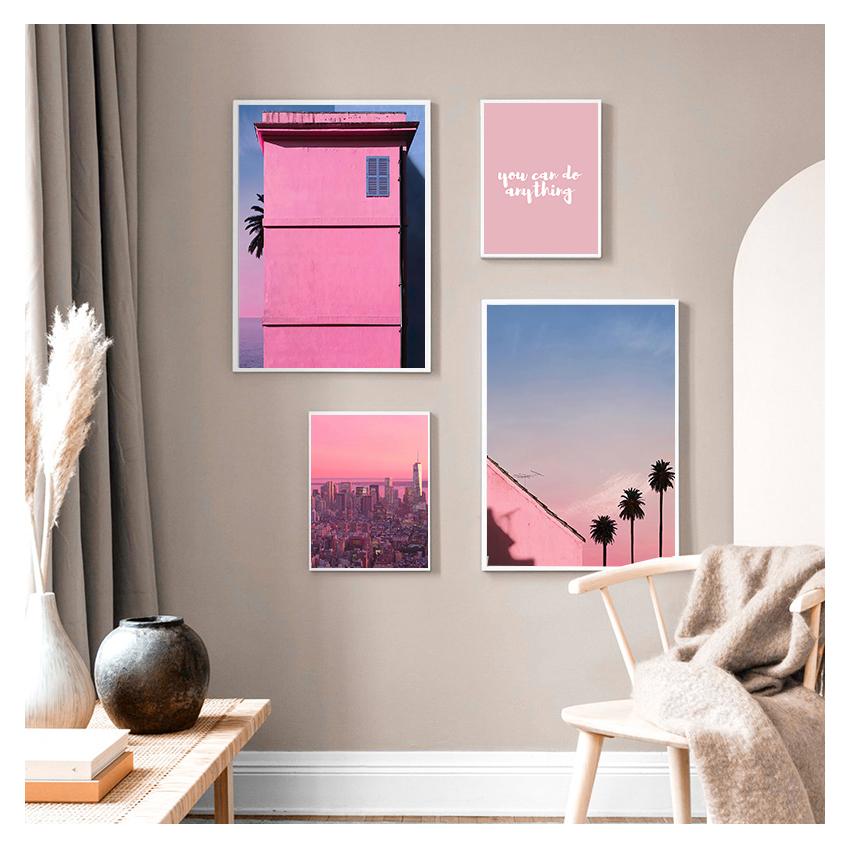 City Flower Light Beach Girl Photo Nordic Posters And Prints Wall Pictures For Living Room Decor Wall Art Canvas Painting Pink