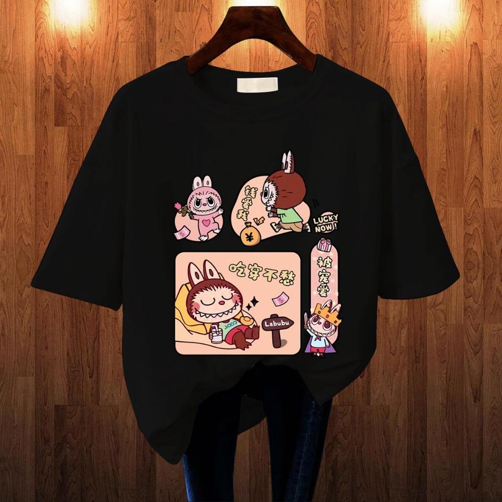 2025 Popular Children's Clothing Short Sleeved LABUBU Rest Holiday Pattern Round Neck T-shirt Cartoon Style Girl's Top