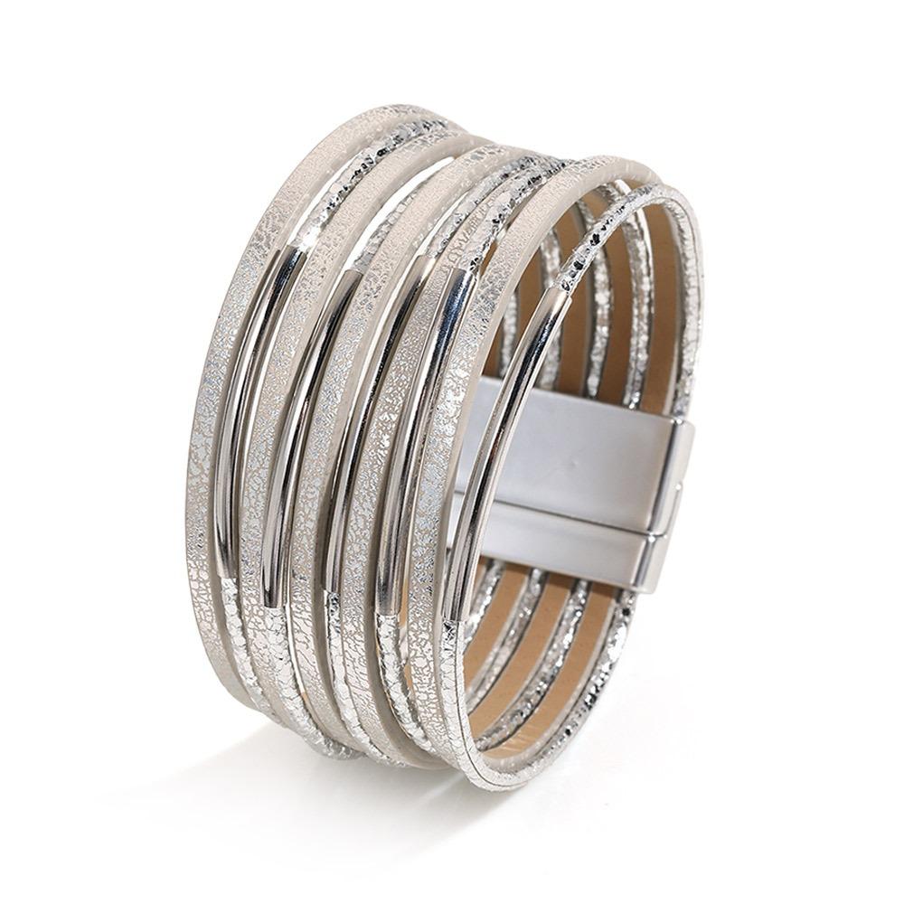 Широкий кожаный браслет Панк-браслет с блестками Новый многослойный браслет Модные украшения серебряный