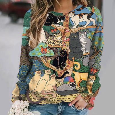 Anime kassi mustriga T-särk naistele Sügisene ümara kaelusega pullover vabaaja pikkade varrukatega topid Naistele mõeldud igapäevased naisterõivad