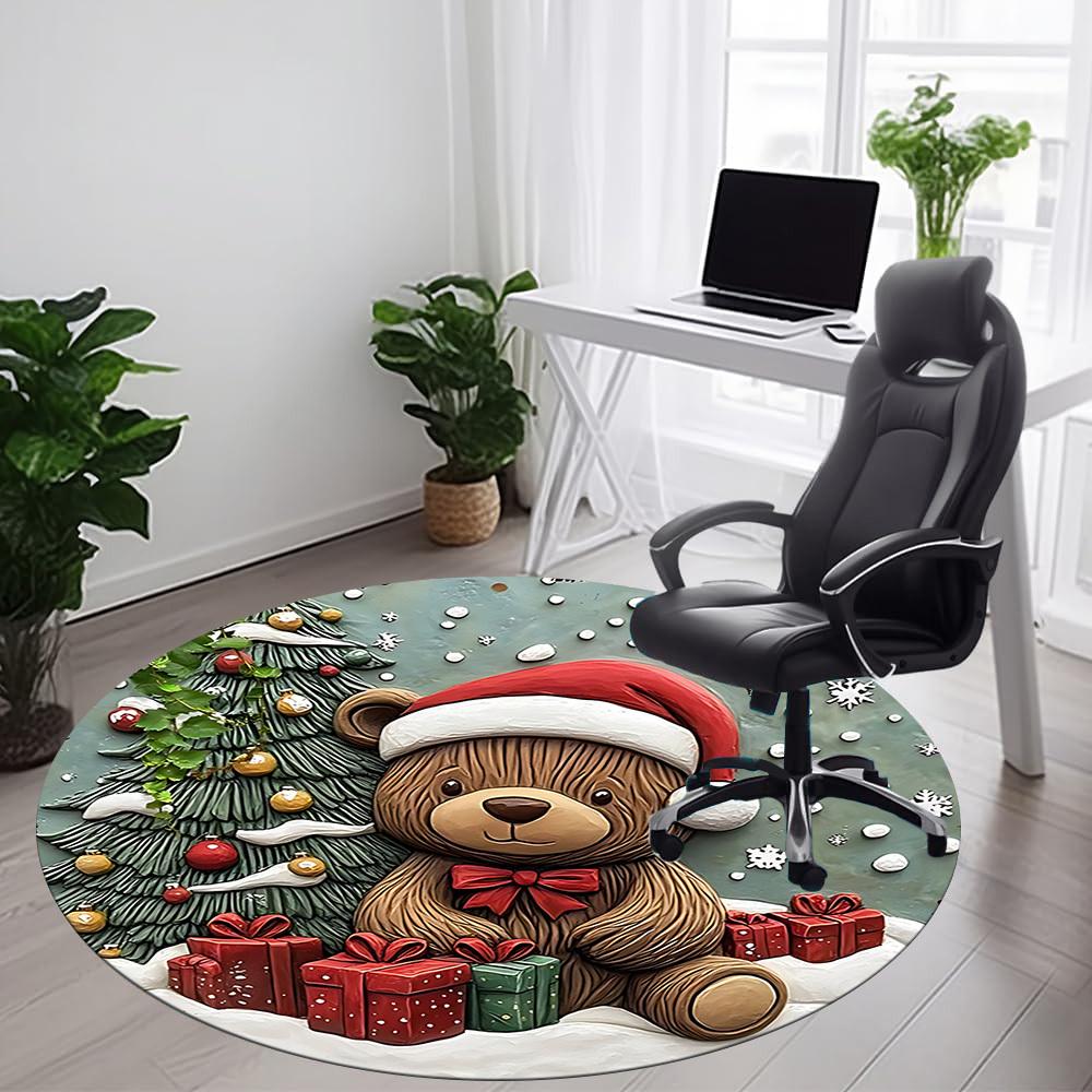 1PC Christmas Bear Office Round Area Rug, Mat Suitable For Office, Under Office Chairs Bedroom Living Room Home Decor, Room Deco