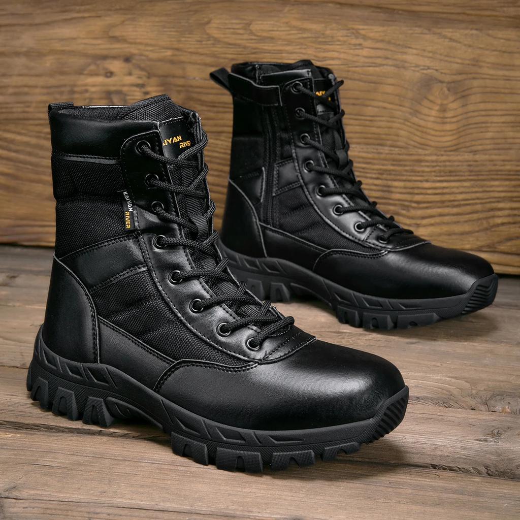 Chaussures de randonnée d'extérieur pour hommes Bottes en cuir montantes Bottes tactiques militaires Chaussures noires à semelle épaisse Résistantes à l'usure Zapatillas Homme