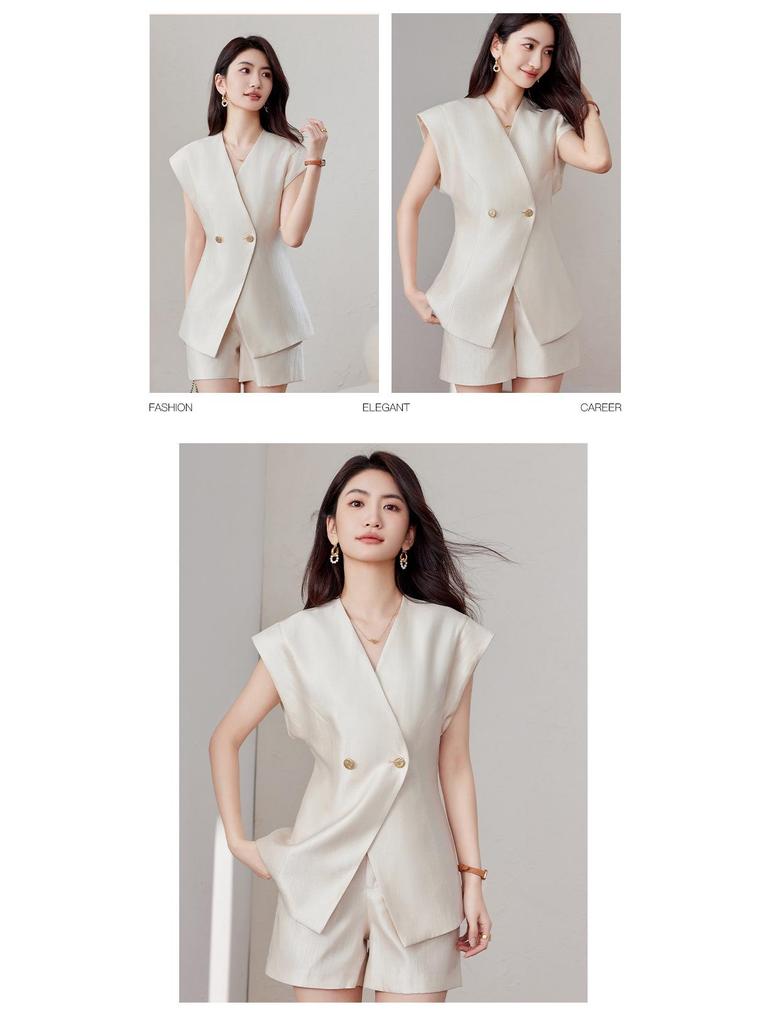 2025 Summer High-End Sleeveless Suit Jacket with Shorts – Goddess Petite OL Style