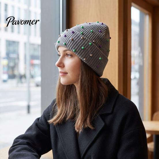Soft Vertical Texture Hats Unisex Beanies with Colorful Beads, Winter Warm Knitted Hat, Casual Stylish Knit Skull Caps Stretch Cozy Cap for