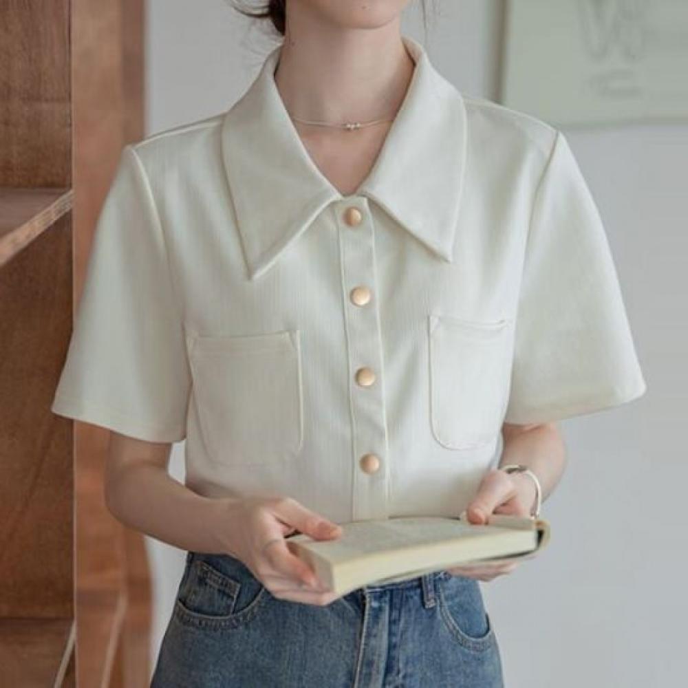 Navava Women Retro Ribbed Pocket Short Sleeve Shirt Nb2696
