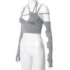 Cyber Y2k Techwear Punk Women Halter Tops Gothic Egirl Patchwork Long Sleeve Crop Top Sexy Cut Out Casual T-shirts