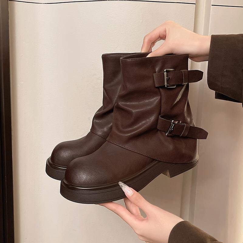 Fashion Winter Fashion Slip On Women Ankle Boots Elegant Back Belt Buckle Low Heels Shoes Leather Botas Zapatos De Mujer