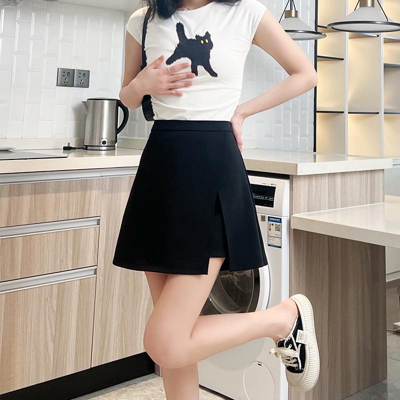 2024 Yaz Kolej Tarzı Yüksek Bel A Kesim Yırtmaçlı Kadın Etek