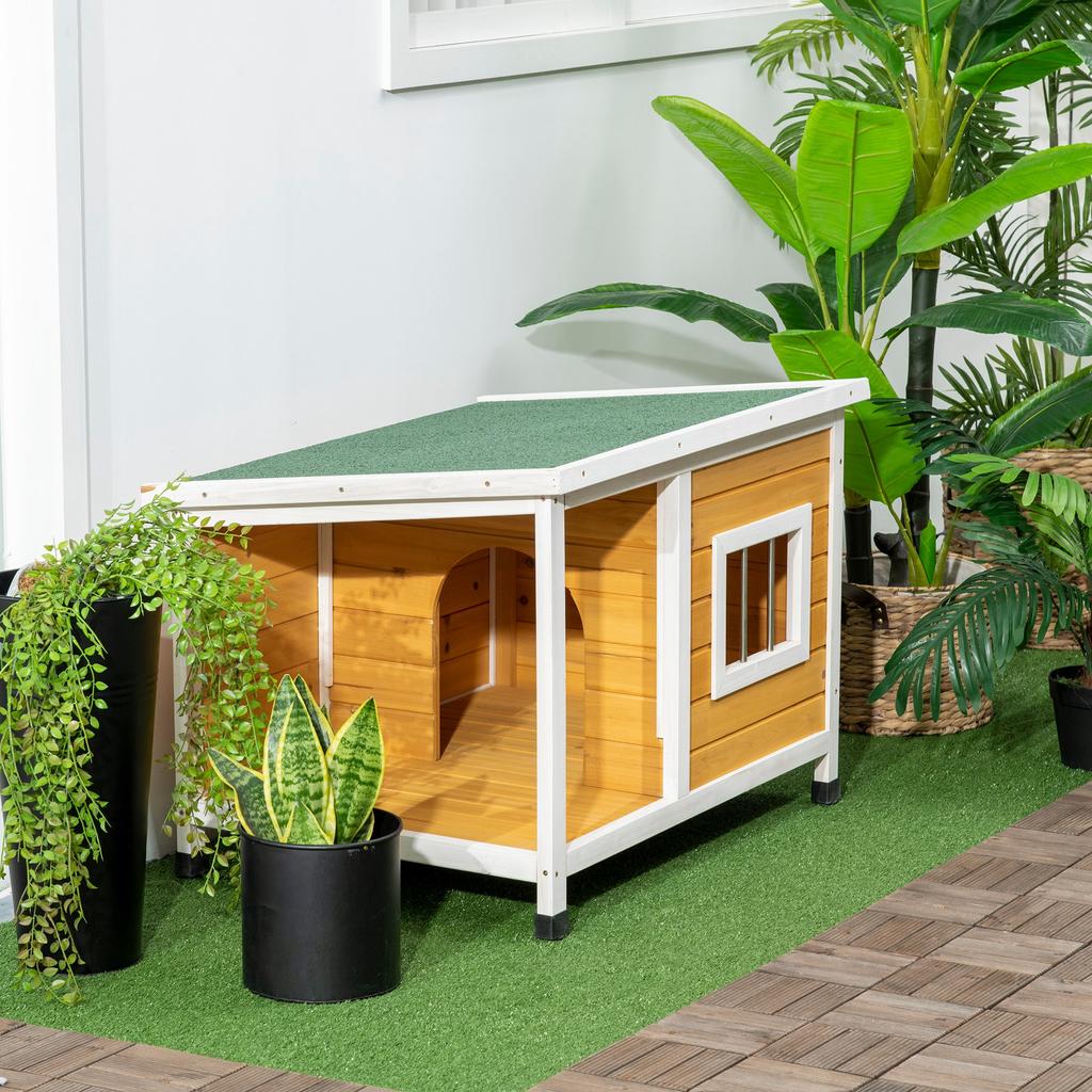 Outdoor Dog Kennel In Fir Wood with Covered Veranda and Tilting Roof, 85.5x62x60 Cm, Multicolored