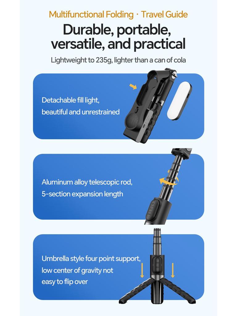 A6 Phone Stabilizer: Single-Axis Gimbal with Fill Light & Bluetooth Selfie Stick for Travel Vlogging