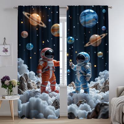 Space Adventure Curtains Astronaut Planets Design Easy Hang Polyester Ideal Curtain Set Of 2 Made With Pole Pocket Washable
